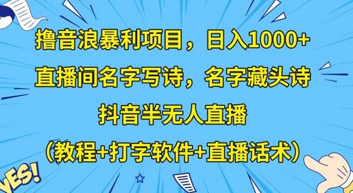 撸音浪暴利项目，日入1000+，直播间名字写诗，名字藏头诗，抖音半无人直播（教程+打字软件+直播话术）
