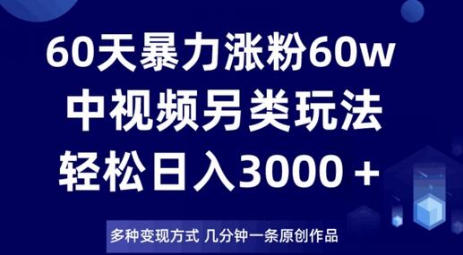 60天暴力涨粉60W，中视频另类玩法，日入3000＋，几分钟一条原创作品多种变现方式