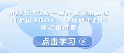 小红书3分钟一条作品精准引流创业粉300+，打造属于自己的流量帝国