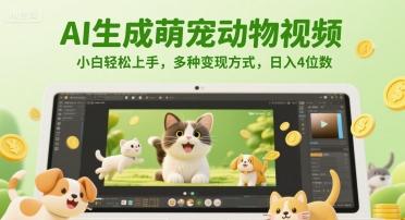 AI生成萌宠动物视频，小白轻松上手，多种变现方式，日入4位数