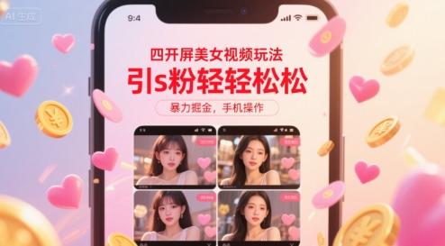 四开屏美女视频玩法，引s粉轻轻松松，暴力掘金，手机操作【揭秘】