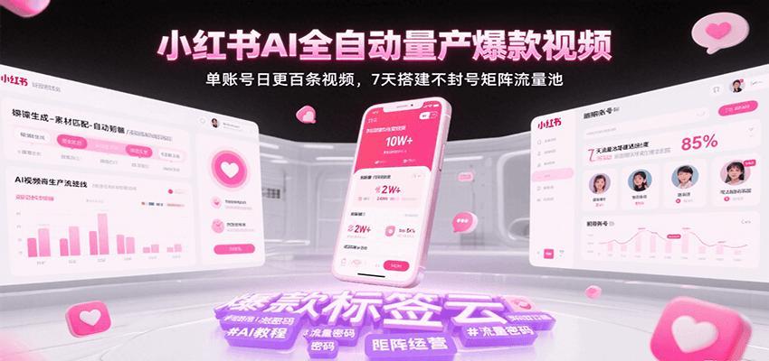 小红书AI全自动量产爆款视频，单账号日更百条视频，7天搭建不封号矩阵流量池