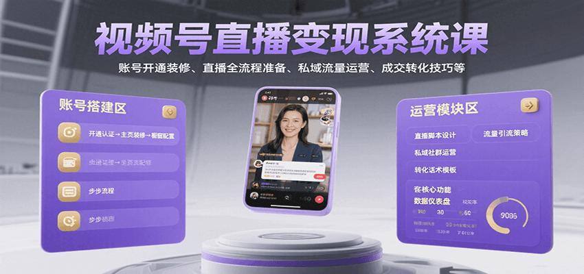 视频号直播变现系统课，账号开通装修、直播全流程准备、私域流量运营、成交转化技巧等