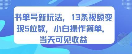 书单号新玩法，13条视频变现5位数，小白操作简单，当天可见收益