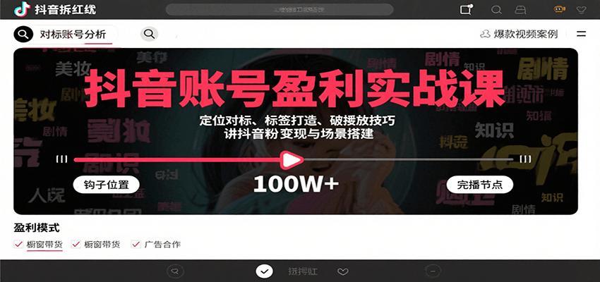 抖音账号盈利实战课，定位对标、标签打造、破播放技巧，讲涨粉变现与场景搭建